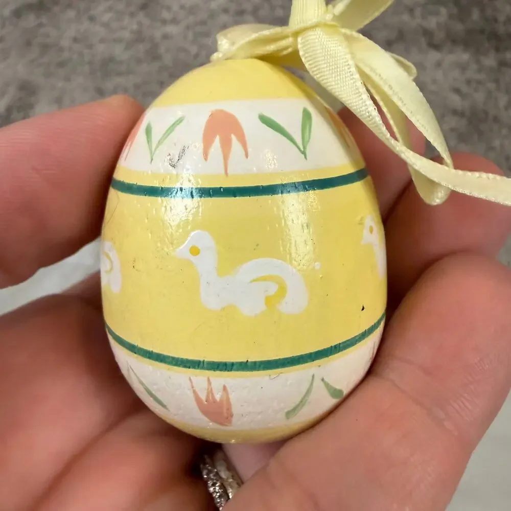 Vintage 80s Hand Decorated Wooden Easter Egg Ornament Yellow